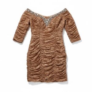 NWOT Terani Couture bronze Ruched Lace Long Sleeve event Dress size 14